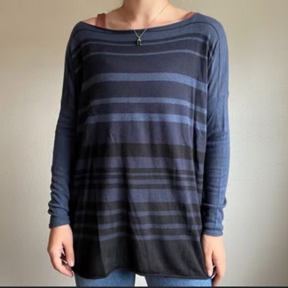 Vince Merino Wool Blend Blue Block Print Striped Oversized Boxy Lightweight Top - Picture 1 of 7